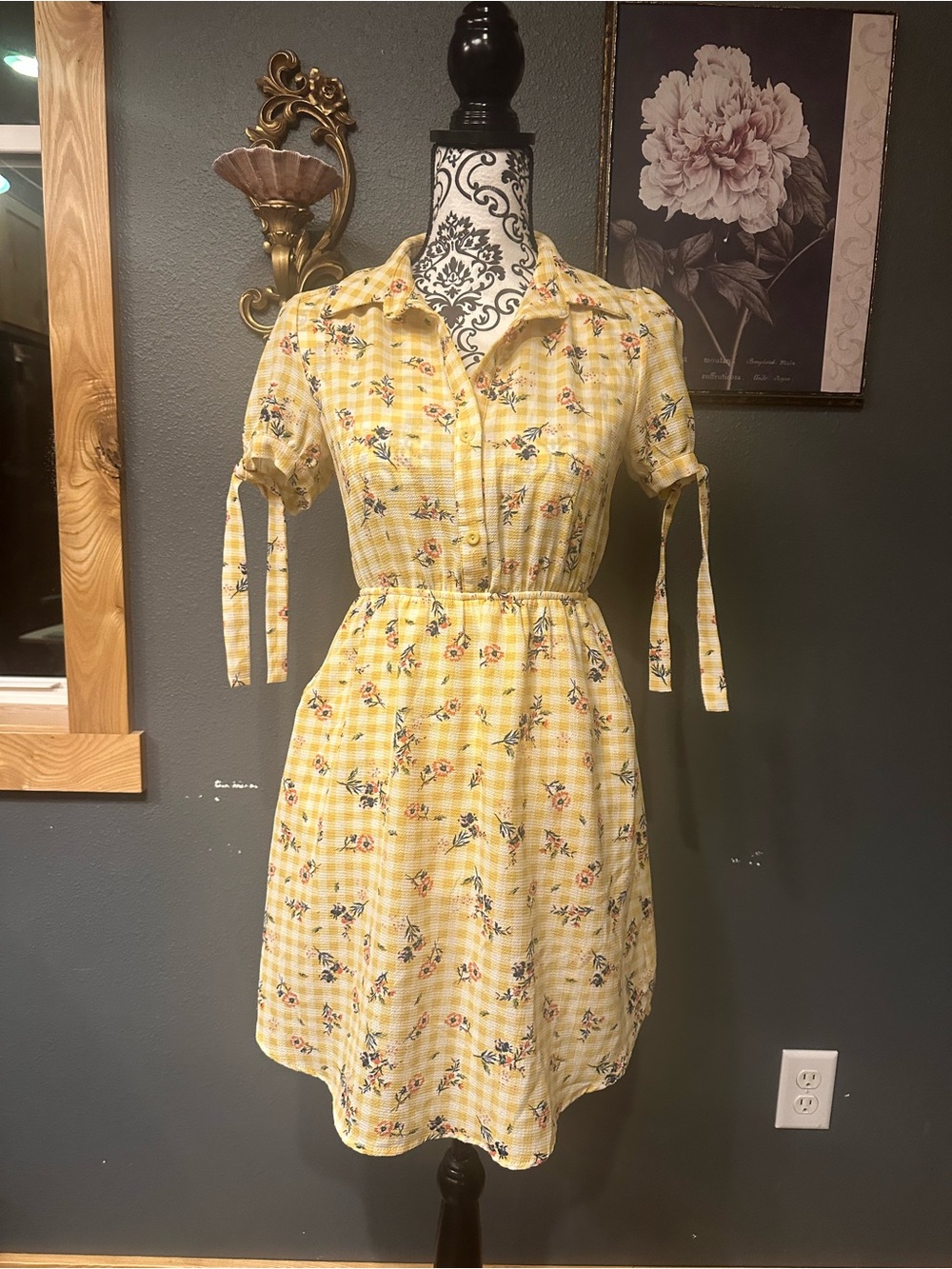 Monteau Yellow Floral Gingham Dress with Tie Sleeves